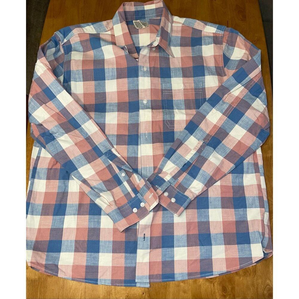 LL Bean Shirt Mens Large Blue Plaid Wrinkle Free Traditional Fit Button Down